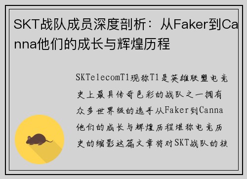 SKT战队成员深度剖析：从Faker到Canna他们的成长与辉煌历程