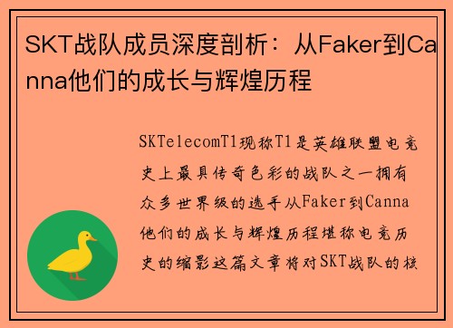 SKT战队成员深度剖析：从Faker到Canna他们的成长与辉煌历程